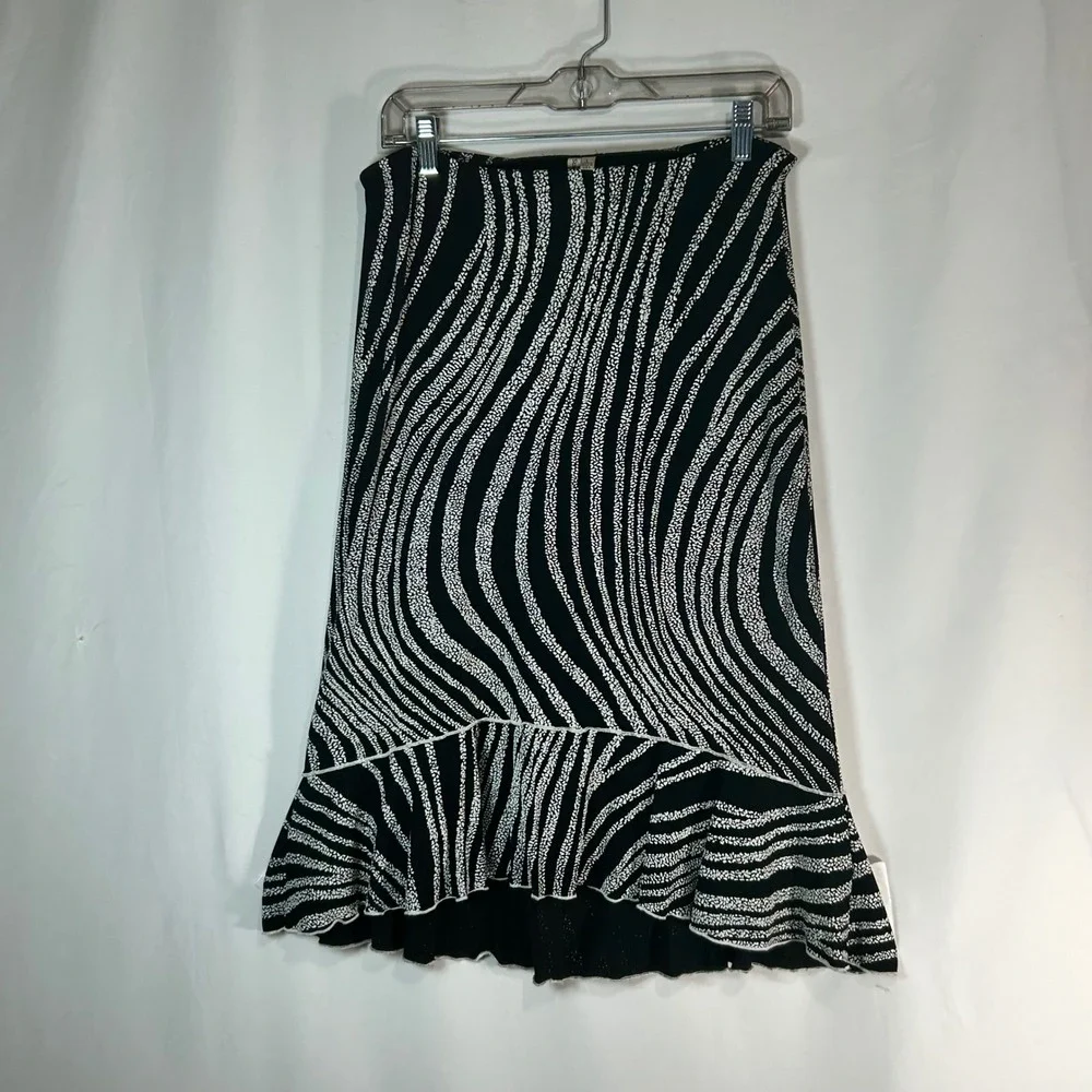 Vintage‎ Susan Lawrence Black White Abstract Print Ruffle Hem Midi Skirt Women L